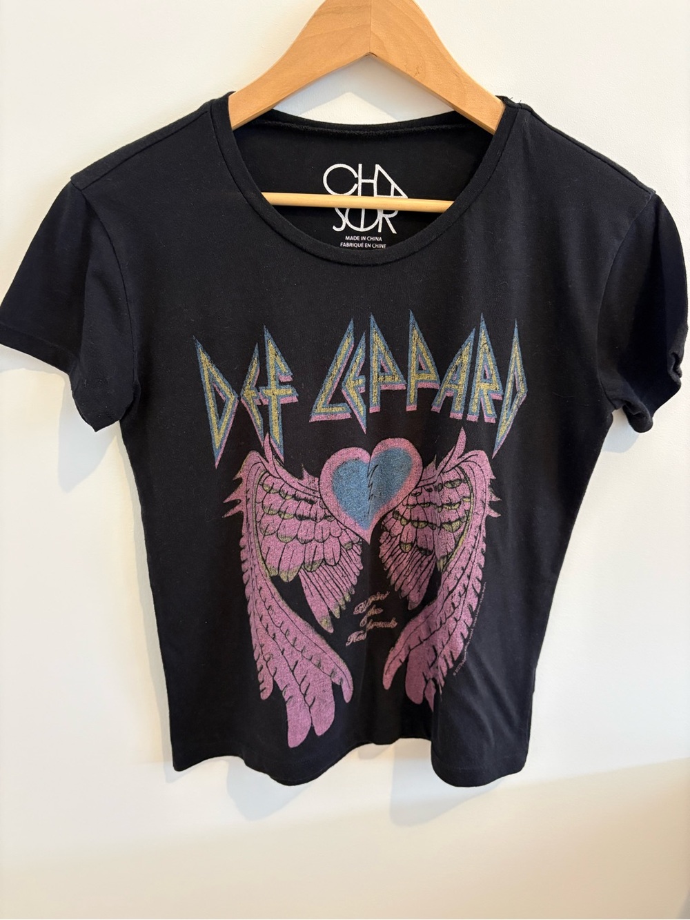 Chaser Black Def Leppard Graphic Tee with Pink & Blue Wings
